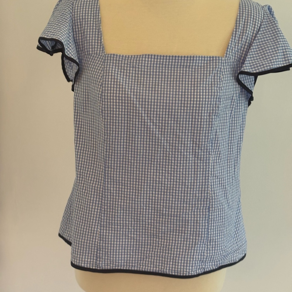 Sail to Sable Blue and White Gingham Blouse with Cap Sleeves